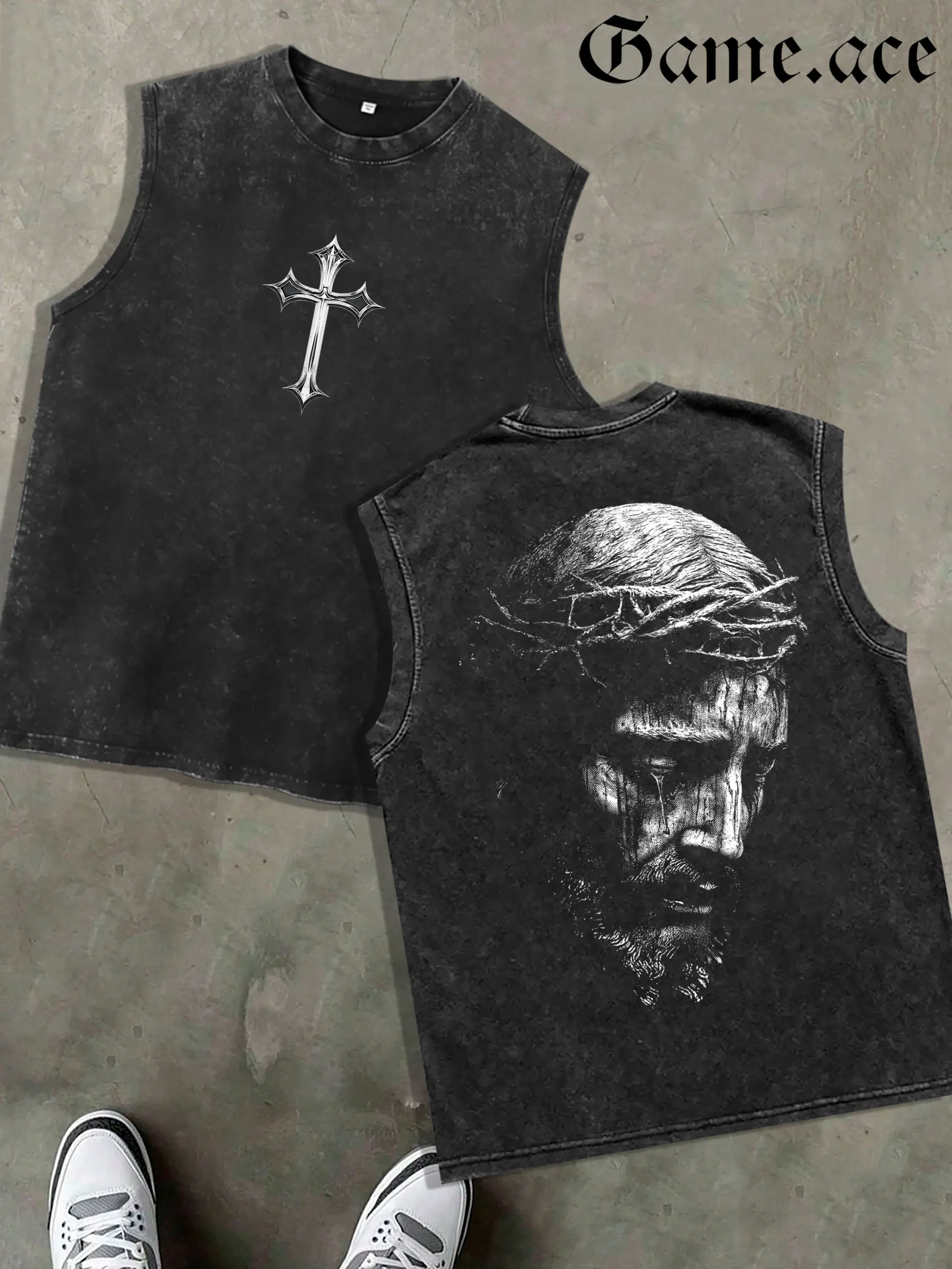 1 PCS GAME.ACE Retro Washed Black Sleeveless Tank Top, Front Gothic Cross Print + Back Jesus Christ Crown of Thorns Graphic, Christian Gothic Streetwear Style, Casual & Faith Wear, Great Gift for Religious & Streetwear Fans