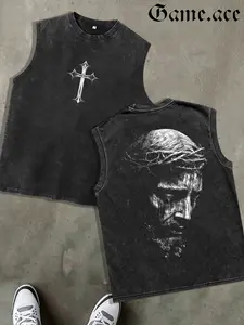 1 PCS GAME.ACE Retro Washed Black Sleeveless Tank Top, Front Gothic Cross Print + Back Jesus Christ Crown of Thorns Graphic, Christian Gothic Streetwear Style, Casual & Faith Wear, Great Gift for Religious & Streetwear Fans