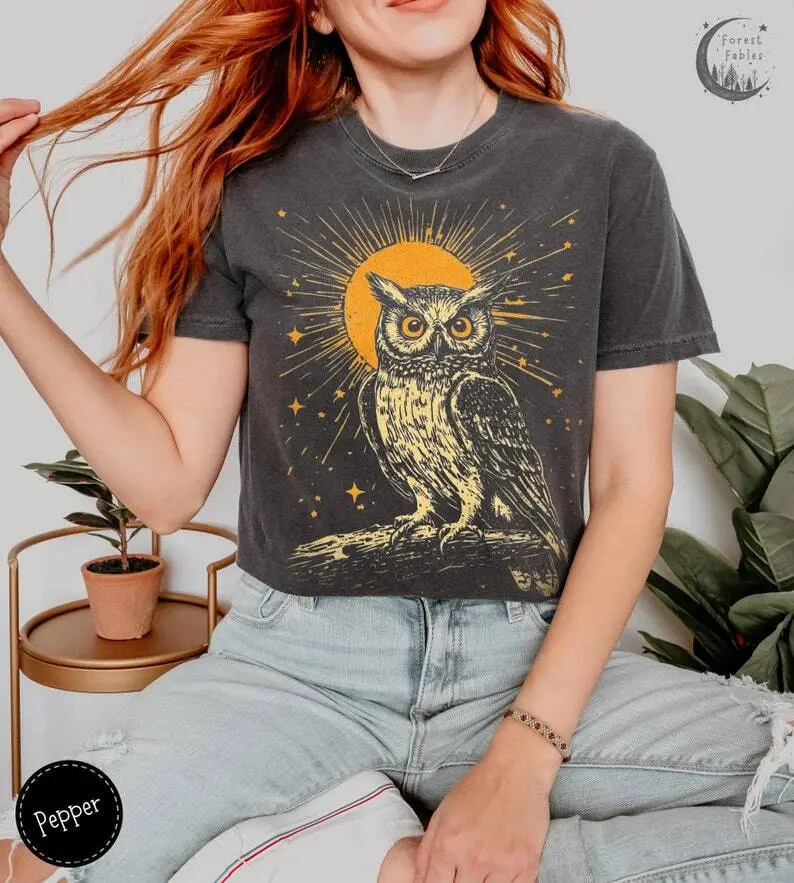 Vintage Celestial Owl TShirt, Linocut Style Comfort Tee, Folklore Cosmic Shirt, Enchanted Forest Gift for Her, Forestcore Gift Casual Womenswear