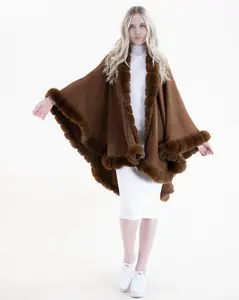 Luxurious Ribbed Soft Faux Fur Trimmed Cape Shawl with Plush Textured Draped Silhouette and Elegant Flowing Hemline