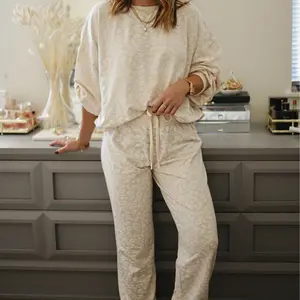 Women's White Cheetah Print Two Piece Loose Fit Cozy Loungewear Comfort Homewear