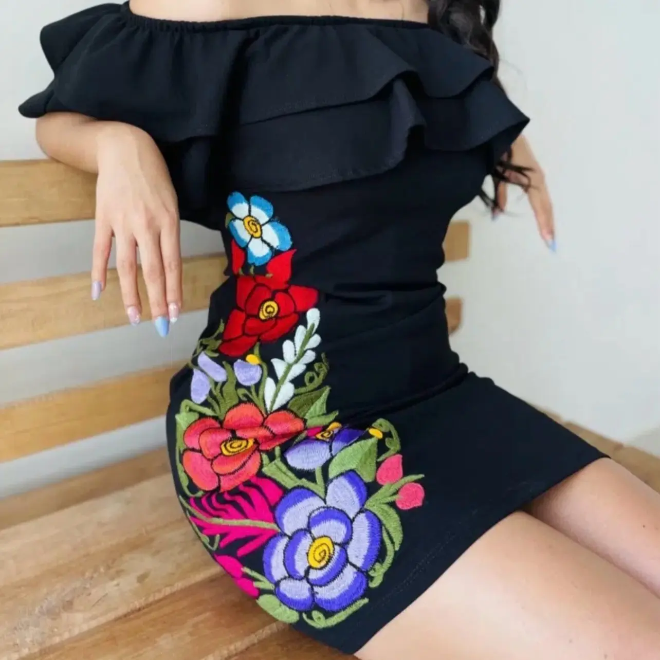 Mexican dress embroidered off the shoulder/ Mexican dress floral embroidery/  cinco de mayo dress / Mexican fiesta dress/ traditional dress - TikTok Shop