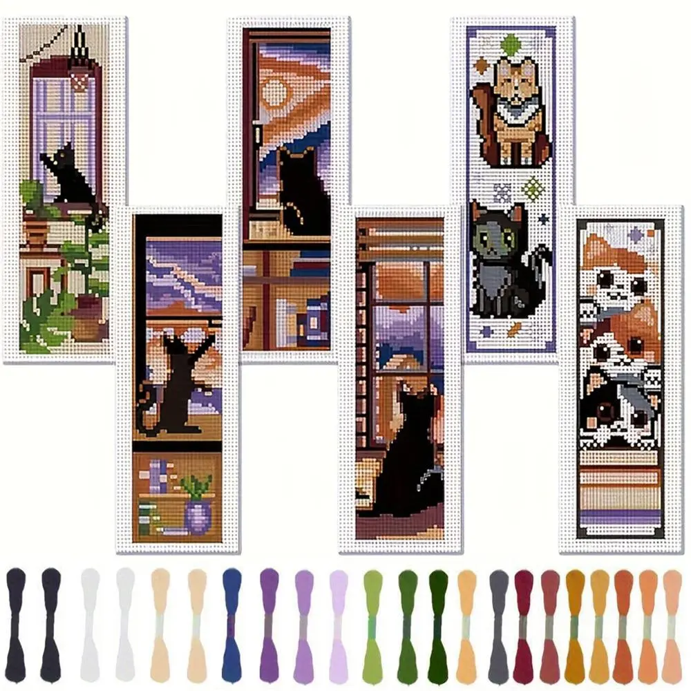 Cat Pattern Bookmark Cross Stitch Kit, Handicraft Hand Embroidered 6 Counts/set DIY Cross Stitch Fabric with Embroidery Tool, Embroidery Thread & Instructions, Cross Stitch Accessories for Beginners DIY Kits, Cross Stitch Supplies