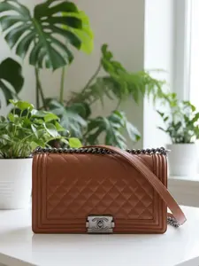 Pre-owned CHANEL leather Shoulder Bags Calfskin Metallic Copper New Medium Boy Bag with Purple Leather