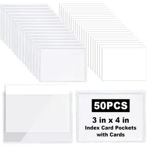 50 count 3x4 Inch Clear Adhesive Pockets Sleeves with 50 count White Insert Cards, Self Adhesive Plastic Index Card Holder Sticky Labels Holders for Storage Bins Organization