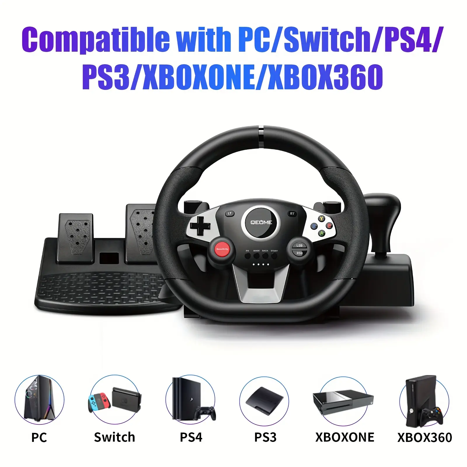 270 Degree Racing Wheel and Pedals Set Multi-Platform Game Controller with High Vibration Feedback Adjustable Console Connection for Racing Simulation
