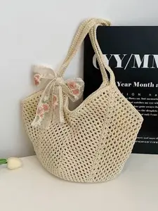 Women's Crochet Woven Shoulder Bag, Fashionable Bow Decor Shoulder Clutch, Casual Trendy Versatile High-quality Daily Commuting Bag, Girl Fashionable Shopping Bag
