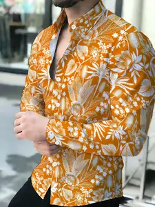 Men's Long Sleeve Shirt with an Orange and White Tropical Floral Novel Pattern