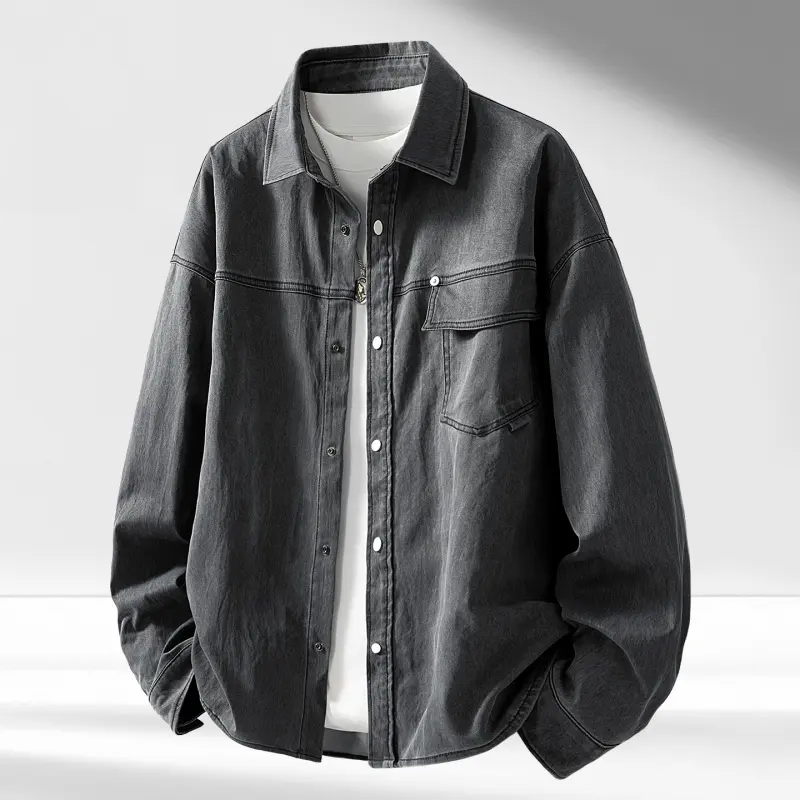 Men's Casual Washed Denim Jacket, Loose-Fitting Button Front Shacket for Spring and Thanksgiving Day Outfits, Foldable, Retro