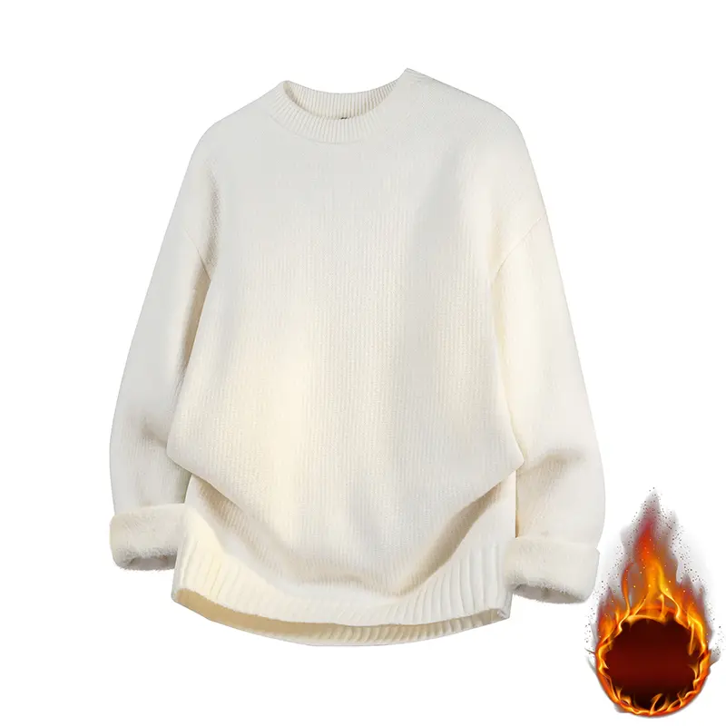 Menswear Knitwear Unisex Retro Fleece-Lined Plain Sweater - Thick Casual Round Neck Loose-Fit Long-Sleeve Polyester-Nylon Blend Winter Top for Men, Women, Longsleeves, Fashion