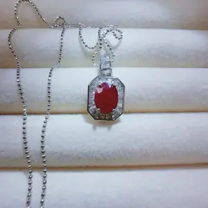 <PingEast jewelry > Ruby Pendant--925 Sterling Silver Halo Pendant with 6x8mm Natural Burmese Pigeon’s Blood Ruby, Includes Necklace and Certificate
