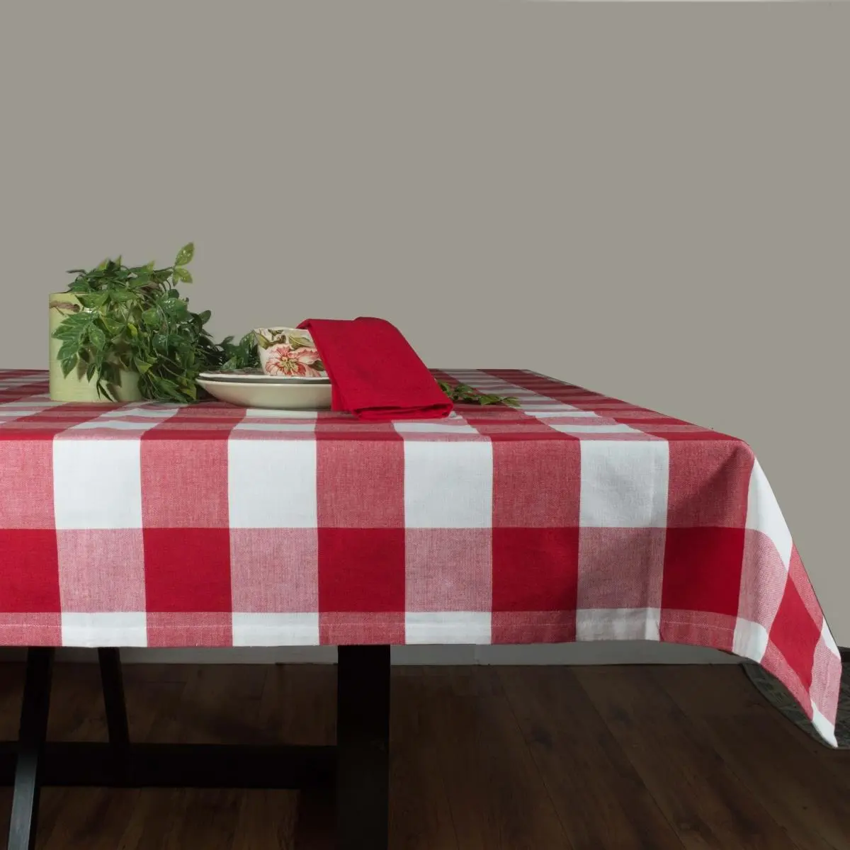 Dunroven House 54 In. Rustic Farm Style Plaid Tablecloth, 100% Cotton, Bright Red & White, Hemstitch Border, Oversize Square Tablecloth for Outdoor Tables