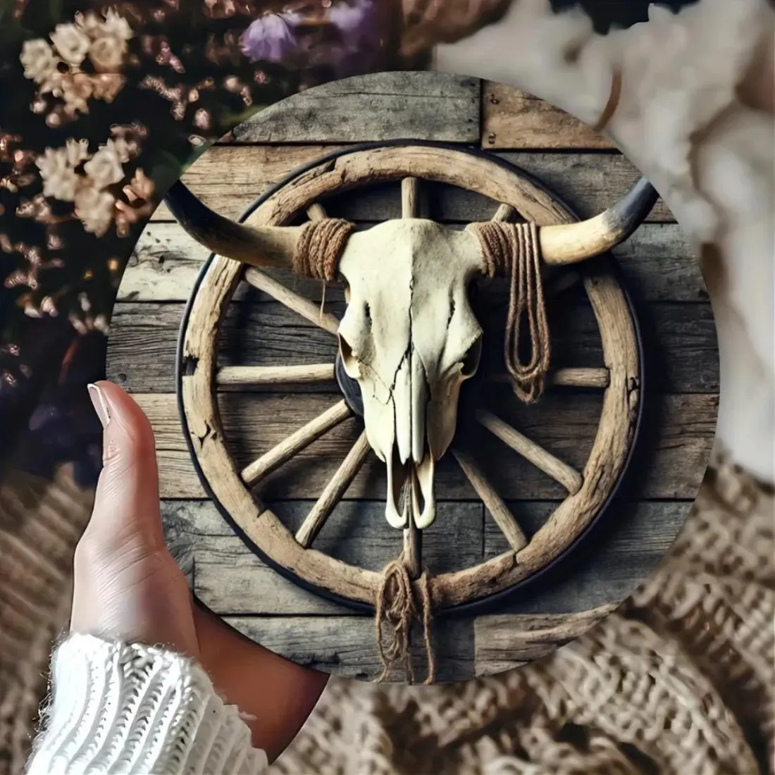 Vintage Cow Skull Wheel Design Artistic Wall Decor, Western Wall Art, Decorative Artwork, Home Decor Accessory, Rustic Wall Decor for Homes Gardens Cafes, Decoration, Ideal Gift for Holidays and Friends