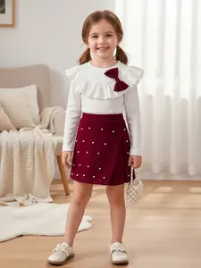 Baby Girl Boutique Princess Clothes Luxurious Delightful Pretty Toddler Girl Festive Bow Top & Mini Skirt Set White Ribbed Ruffled Long Sleeve Maroon Faux Pearl Decorated Wrap Skirt Special Occasion Holiday Photo Ready Outfit Elegant Kids Winter Fashion