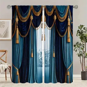 2 pieces of high-definition digital printing blue retro decorative fake curtains (not in three-piece style), semi-transparent for privacy protection, fade-resistant, machine washable and hand washable, suitable for bedroom and living room decoration