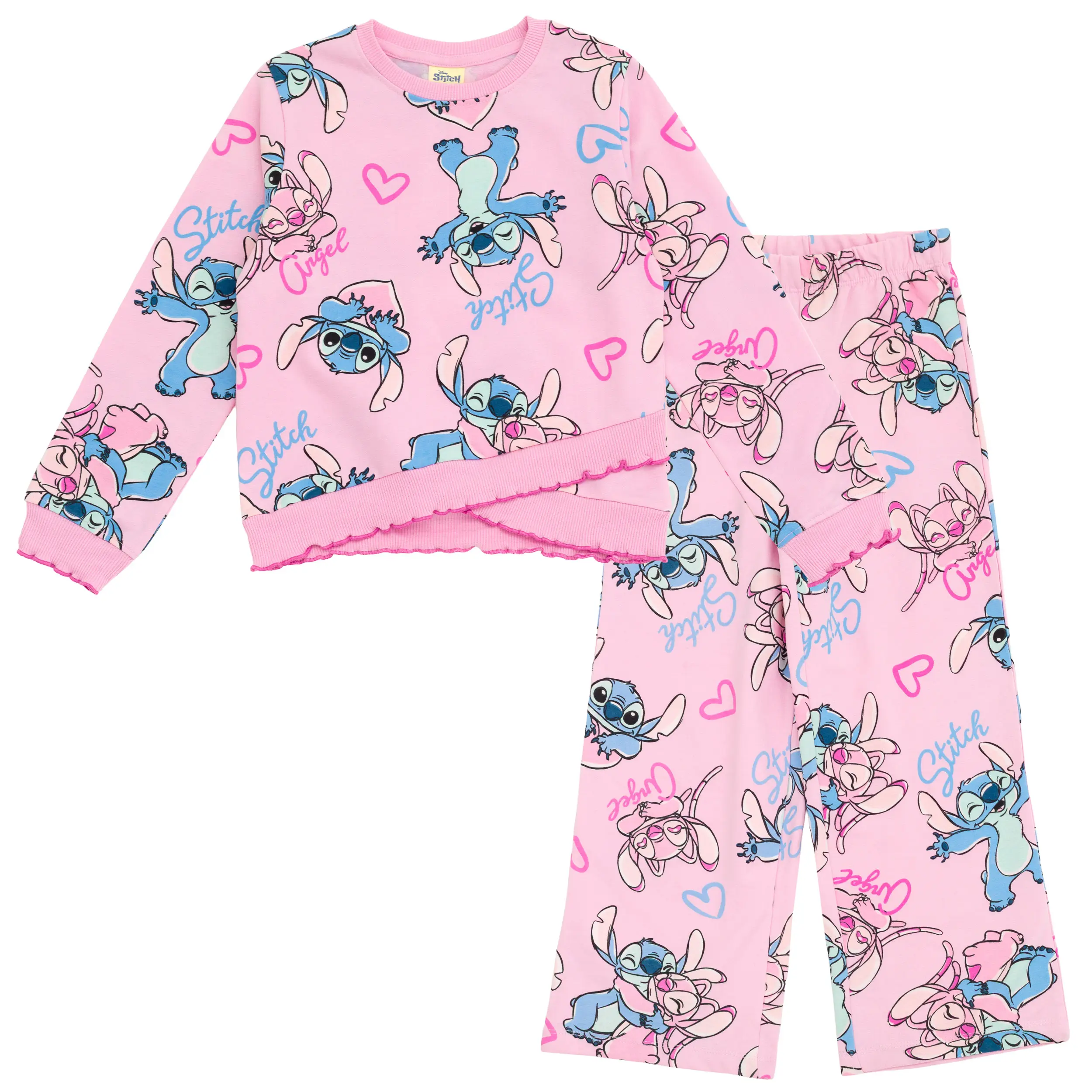 Disney Lilo, Stitch and Angel Girls' 2-Piece Angel Theme Coordinated Sleepwear - 240 GSM Fleece Long Sleeve Pullover & Pants Set, Pink, 4-5 Years
