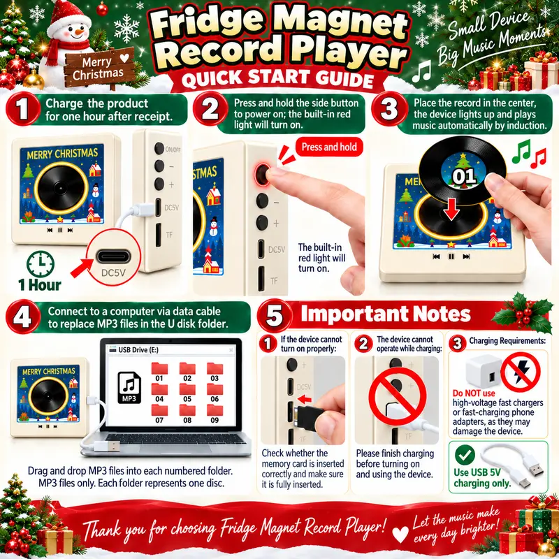 Christmas Vinyl Fridge Magnet Music Player - Includes 9 vinyl records, mini record player, NFC records, Christmas gift.