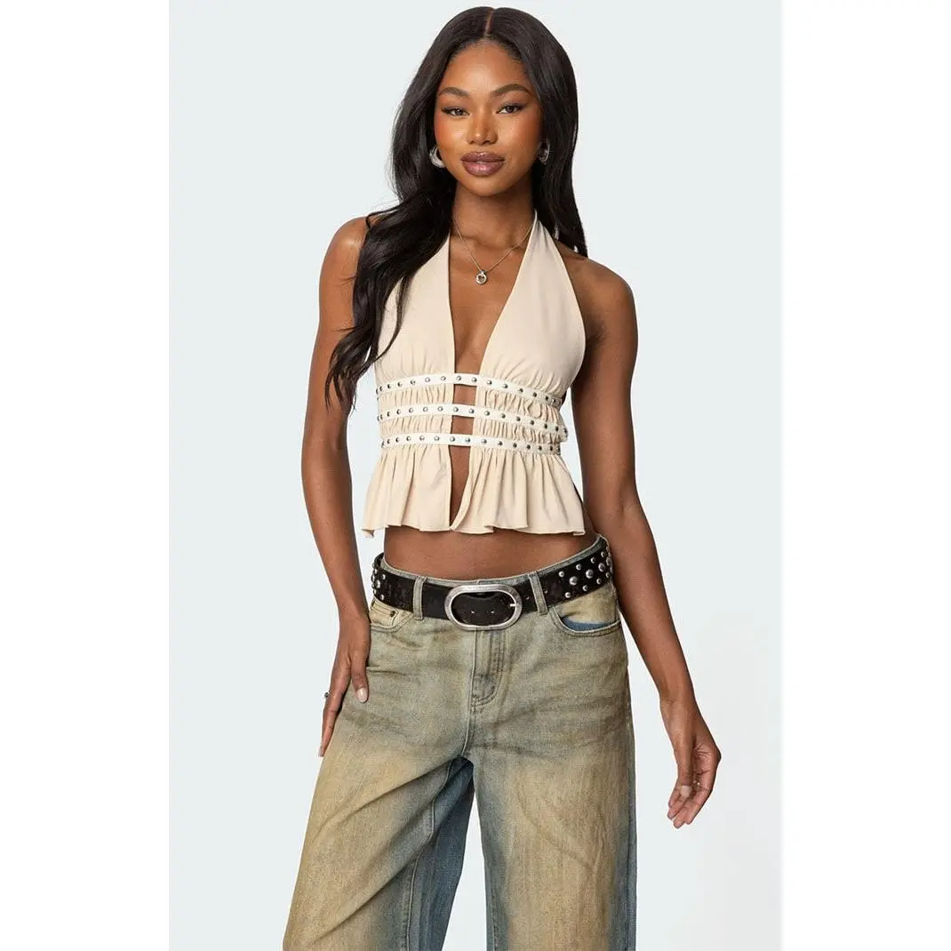 Edikted Women's Studded Split Front Backless Halter Top