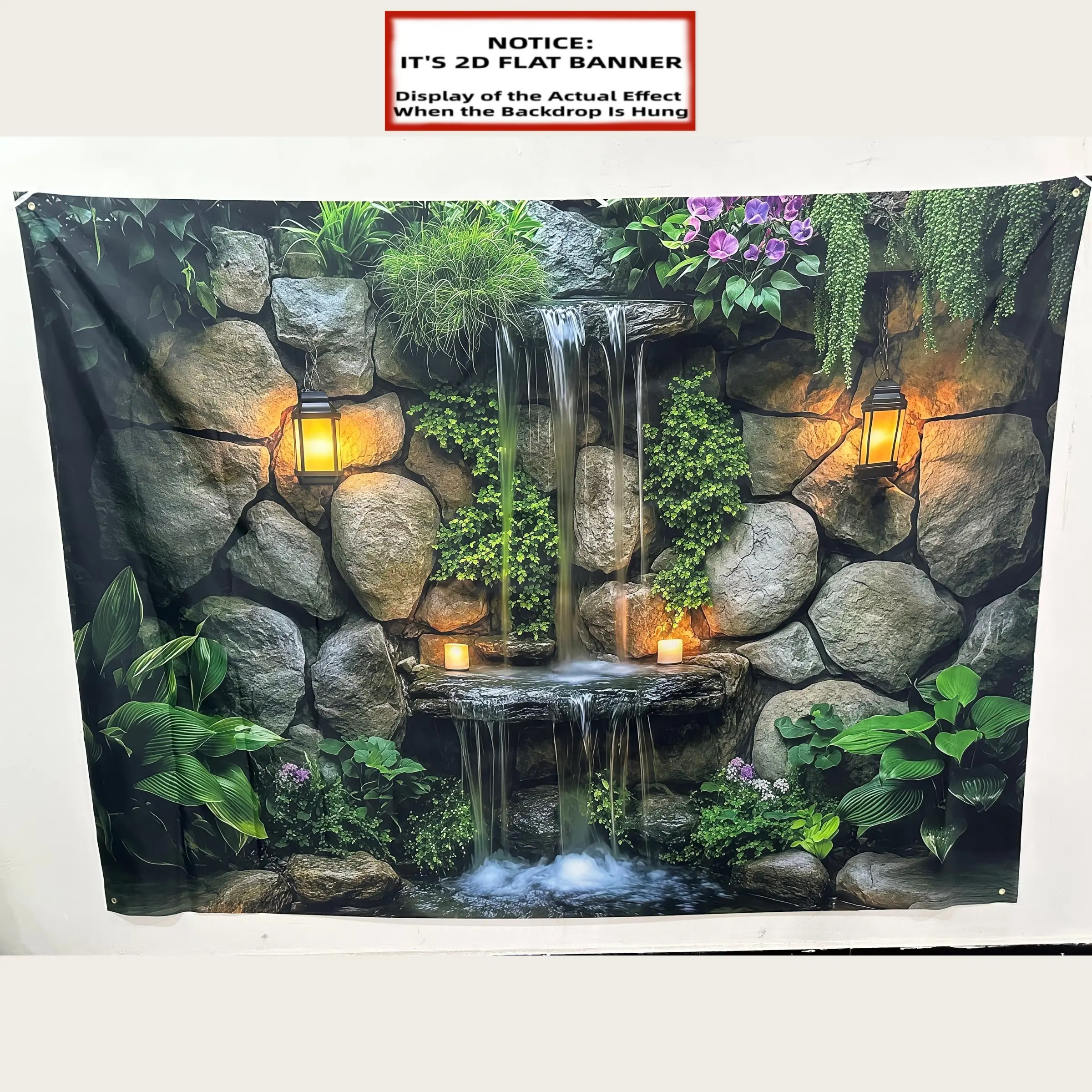 A 2D Flat Reusable Polyester Backdrop Featuring a Waterfall And Vibrant Greenery, Perfect for Garden-Themed Occasions, Outdoor Party Decoration, Party Decor Supplies, This Outdoor Party Banner Comes in Various Sizes