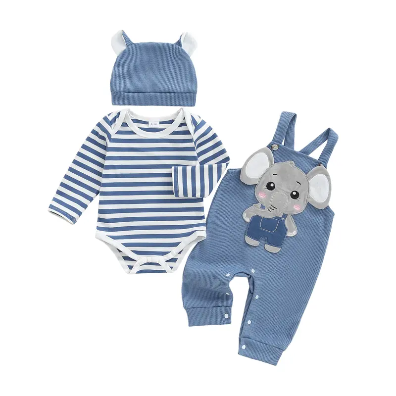 Calsunbaby Infant Newborn Baby Boys 3Pcs Outfit Cute Baby Clothes Long Sleeve Striped Romper Animal Embroidery Overalls Hat 0 18 Months Spring Fall
