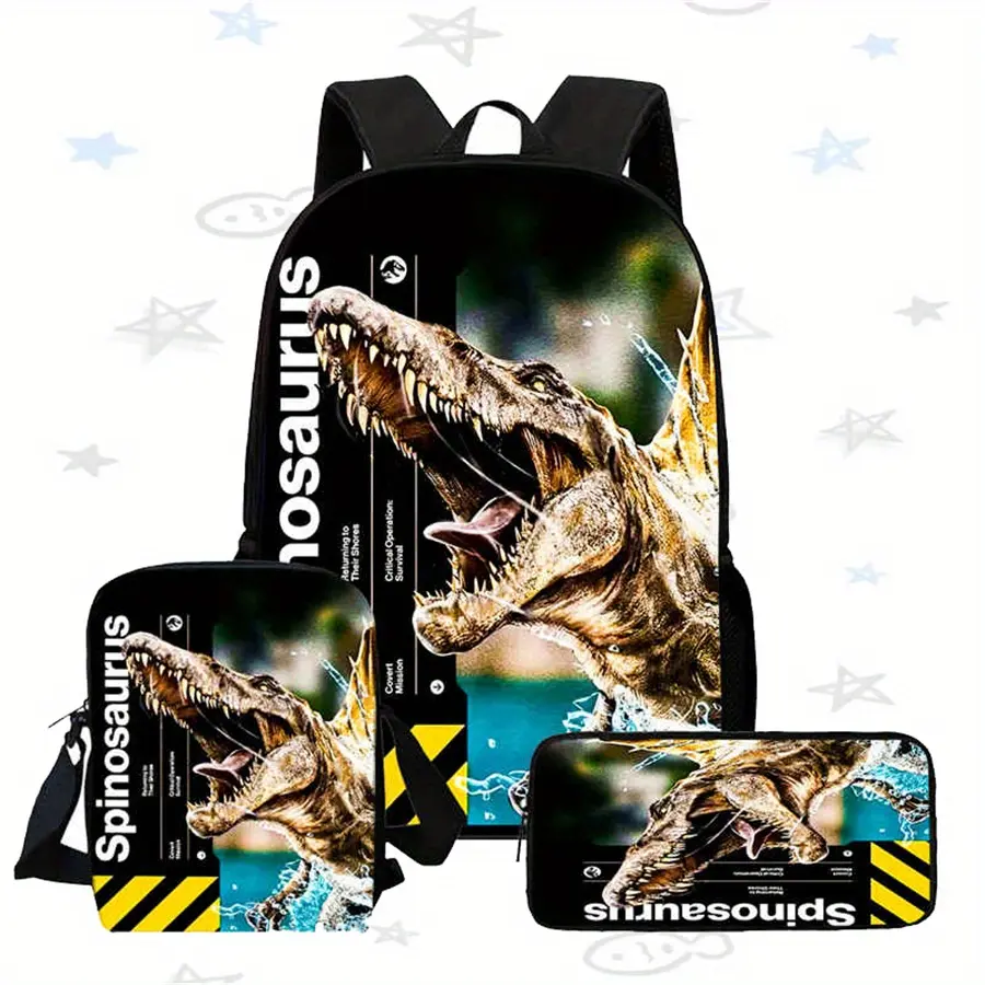 Spinosaurus Dinosaur 3-Piece Backpack Set, Jurassic Print School Bag + Lunch Bag + Pencil Case, Oxford Cloth Adjustable Strap Daypack for Dinosaur Fans & Kids