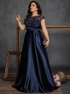 【Plus Size】 Lace Up Round Neck Embellished Lace Trim Dress, Elegant A-line Party Dress for Formal Occasions, Women's Clothes for Party