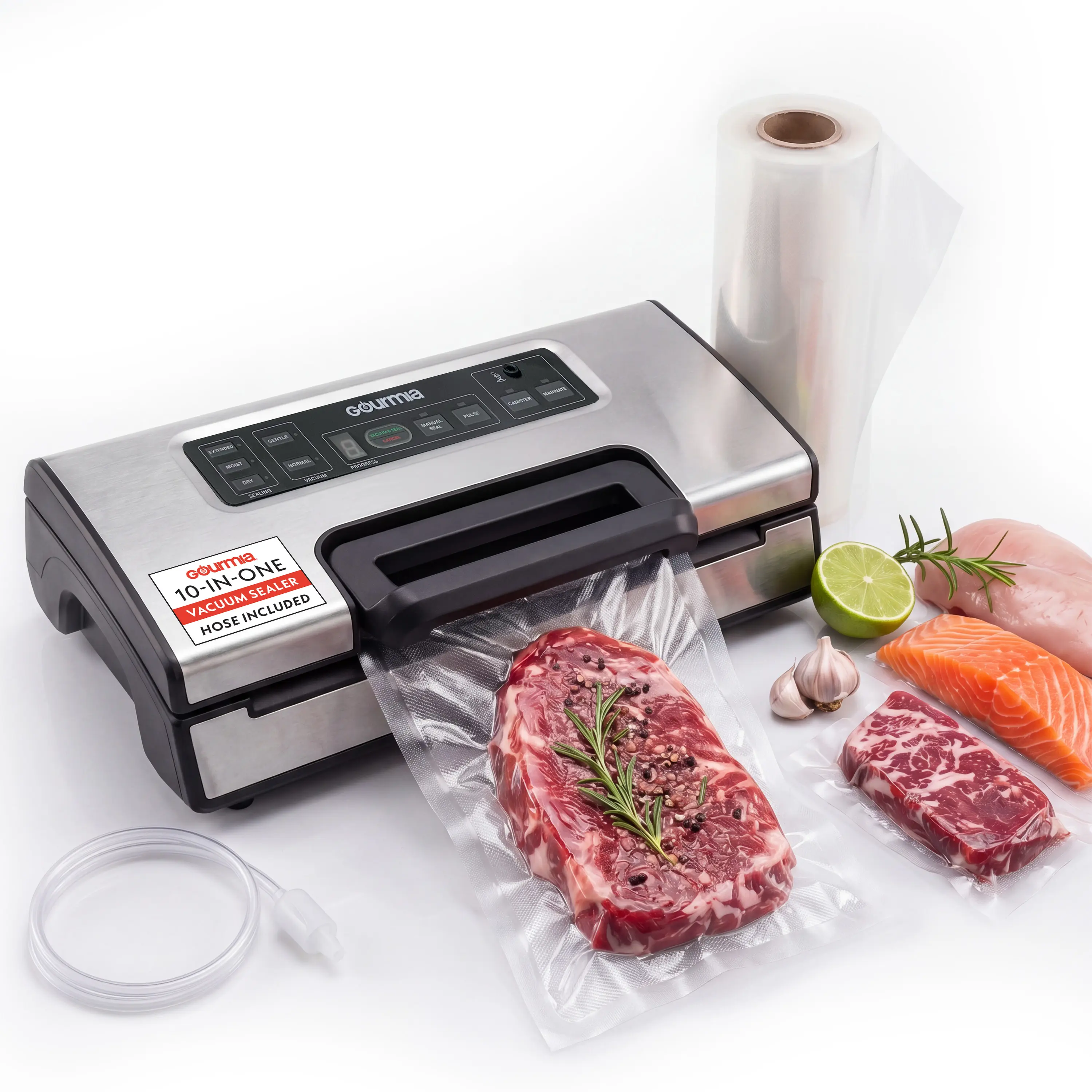 Gourmia Vacuum Sealer, Adjustable Seal and Pressure Settings, Built-In Bag Cutter, Food Saver, Stainless Steel, Household, Kitchen Appliances