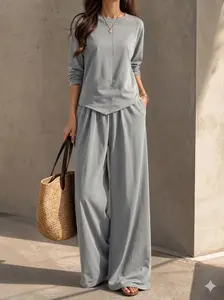 Women's Minimalist 2-Piece Clothing Set, Asymmetrical Hem Crew Neck Long-Sleeve Top & High-Waisted Wide-Leg Long Pants, Casual Loose Fit for Everyday Wear & Commuting