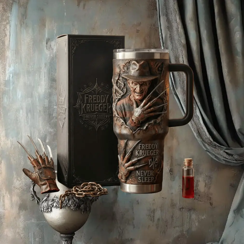 Freddy Krueger Never Sleep 40oz Tumbler With Handle, Premium Vacuum Insulated Stainless Steel Travel Mug, Horror Movie Collector's Edition Gift