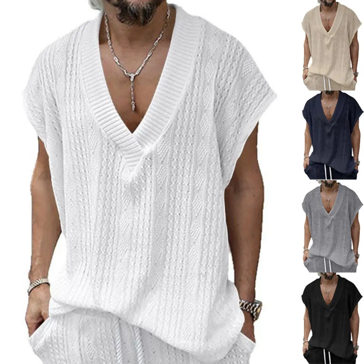 Men's Oversized Jacquard Knitted Vest - V-Neck Sleeveless Polyester Fabric T-Shirt, Loose Fit Straight Hem Youth Menswear for Summer, Loose Length Casual Top, Activewear, Athletic, Sport, Oversized Cut, Polyester Mix