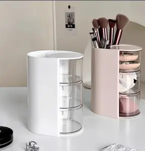 Rotating 3-Tier Clear Hair Accessories Organizer with Brush Holder, Desktop Transparent Makeup Storage Box for Hair Clips Hair Ties Bobby Pins, Cosmetic Drawer for Makeup Brushes Cotton Pads Sponges Powder Puffs Vanity Countertop Decor