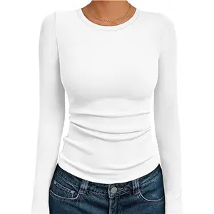 Women's Long Sleeve Ribbed Slim Fitted Tops Round Neck Solid Color Casual Fall Fashion Trendy Going Out Tee Outfits