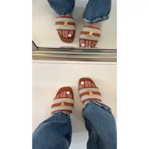 Elara Slip On Flat Sandal - Gold Hardware Detail Design - Open Squared Toe