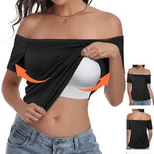 SeSe Code Women's Seamless Off Shoulder Tops, Wirefree with Built-in Removable Pads Sexy Stretch Blouses