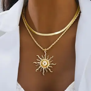 [Double layer snake bone pendant] Elegant bone chain sun flame pendant necklace, gold zinc alloy, Bohemian style jewelry suitable for casual wear or gifts, universal accessories for all seasons