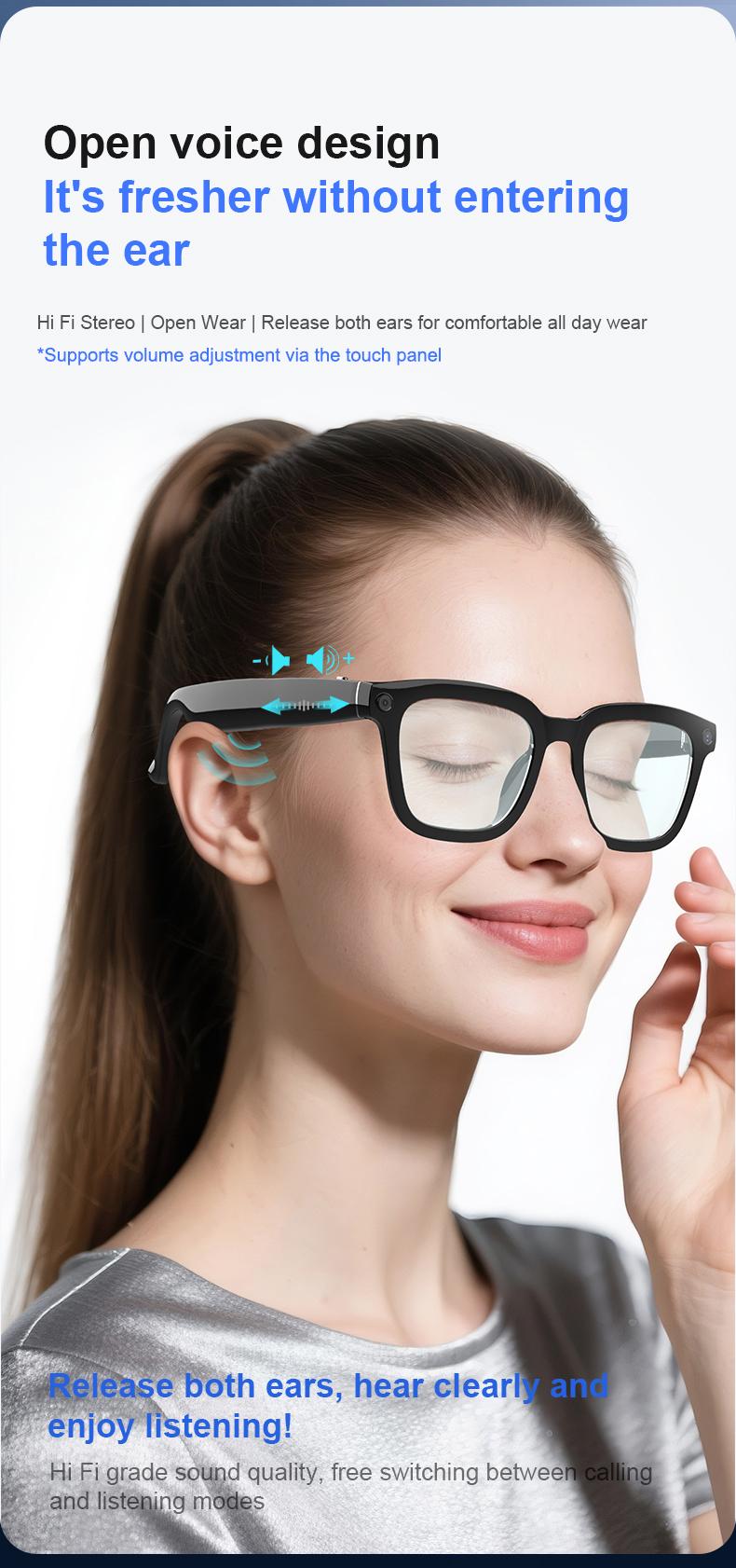 Smart Bluetooth Glasses with Camera, 1080p Video Recording Wearable Glasses, Multifunctional Wireless Audio Glasses with Headphone, Outdoor Sports Camera Sunglasses with Intelligent Voice Assistant, Anti-blue Light Protection Eyeglass