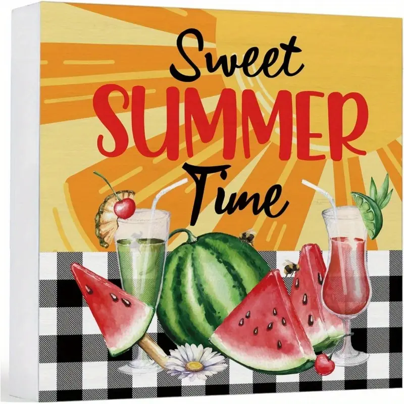 Summer Decor Sweet Summer Wood Sign Watermelon Decorations Farmhouse Home Kitchen Table Desk Decor (5 x 5 Inches)