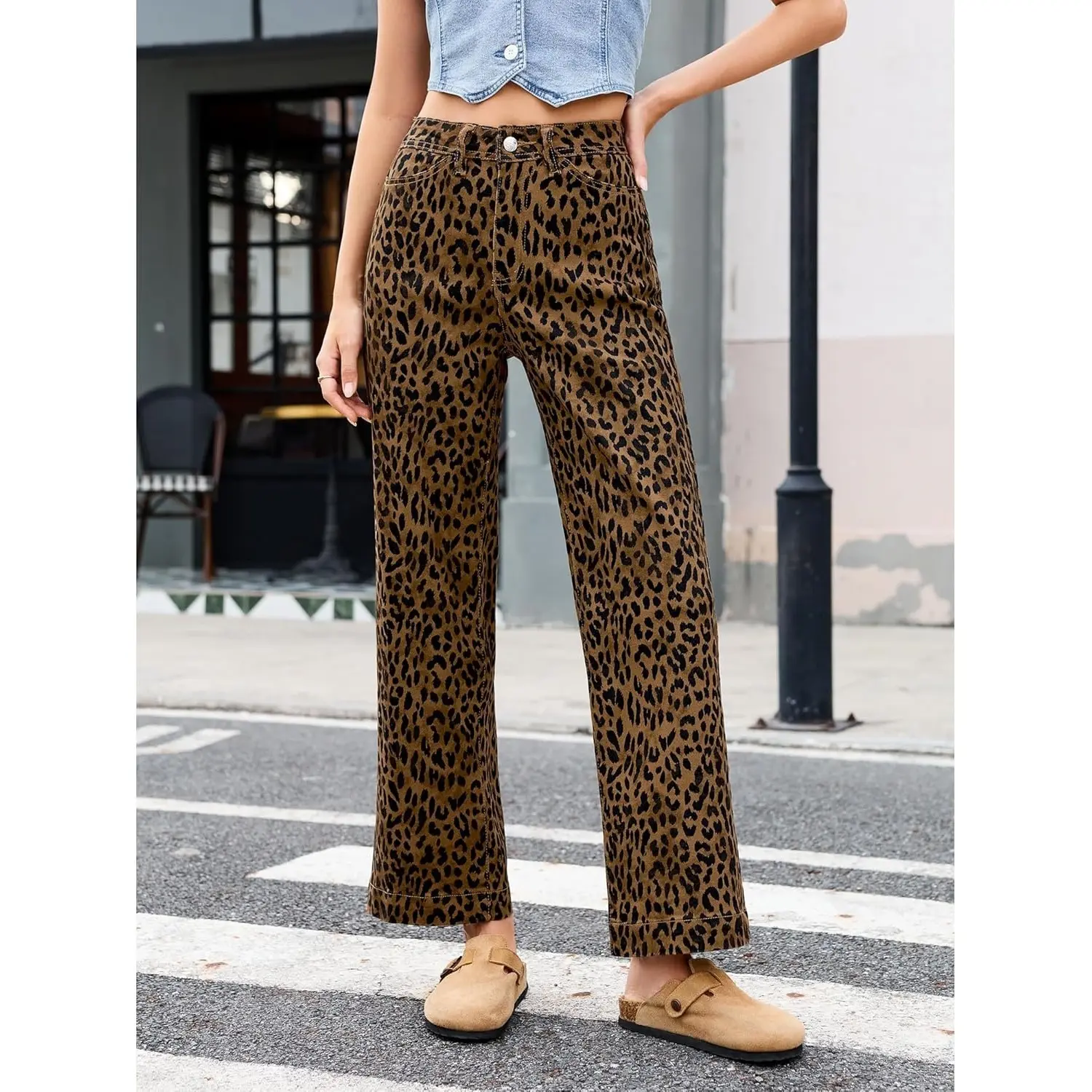 EMMIOL Vintage Brown Leopard Print Wide Leg Jeans | High Waist Baggy Denim Pants Y2K 90s Aesthetic Outfit