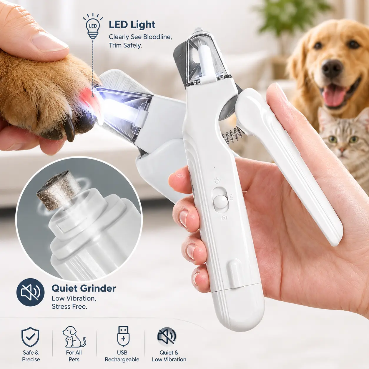 2-in-1 Dog & Cat Paw Trimmer Set - LED Light Nail Grinder, Stainless Steel Clipper, Quiet Low-Noise Operation, USB Rechargeable, Safe Quick View Design, for All Pet Sizes, Home & Travel Use