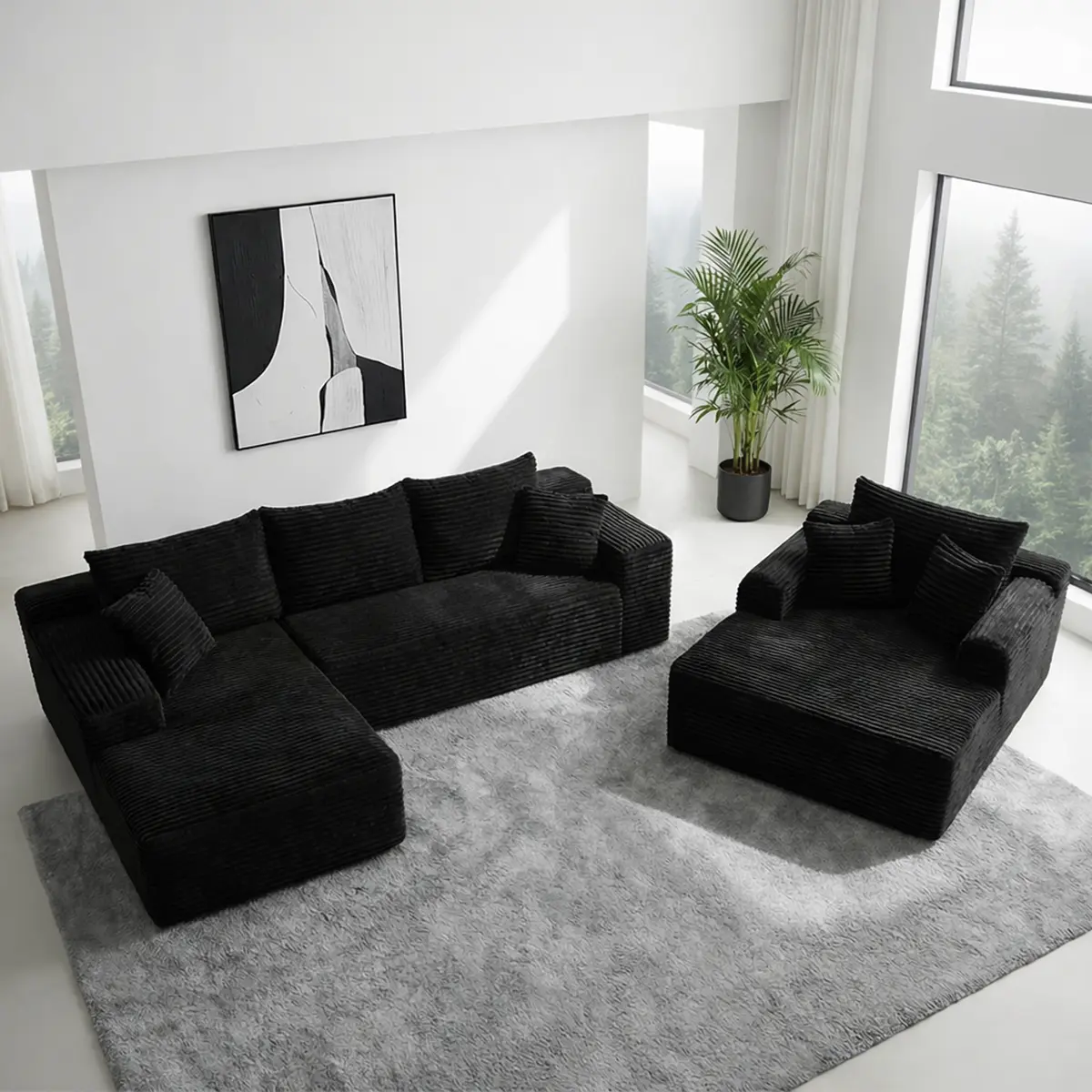 Modular Comfy L-Shaped Couch - Corduroy Knitted Fabric Non-Wooden Split Sofa, Pre-Assembled, U-Shaped Bed Conversion Option, Indoor Furniture for Key Room Types, Comfy Couch