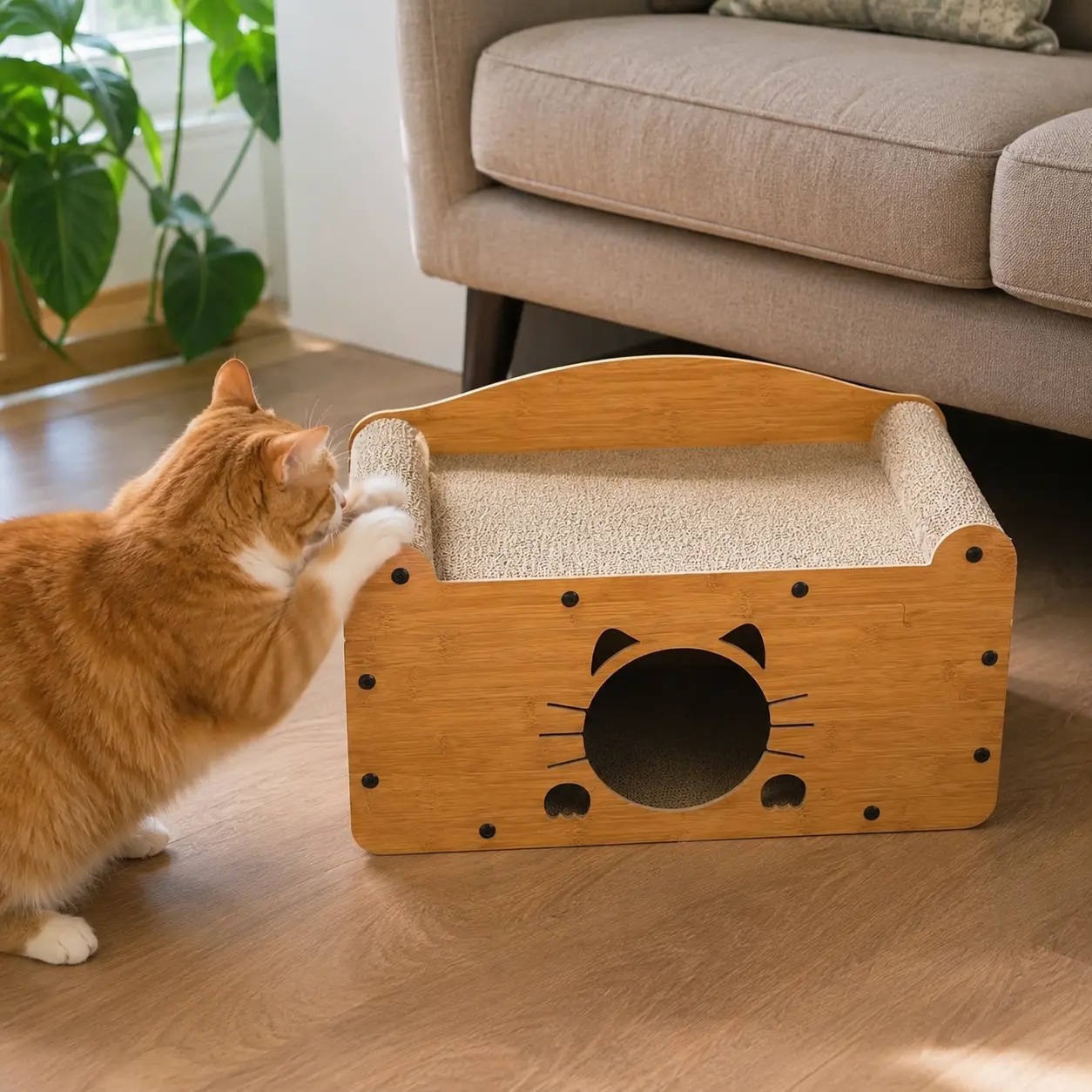 Durable double-layer cat bed with integrated scratching board, sofa-style wooden hideaway for cats, protects home furniture, suitable for kittens and adult indoor cats