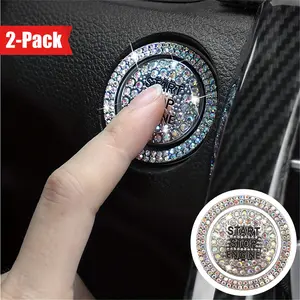 2-Pack Bling Car Engine Start Stop Button Cover, Aluminum Alloy Rhinestone Ignition Ring Decal, Universal Vehicle Push Start Button Protective Cap Accessory-G2
