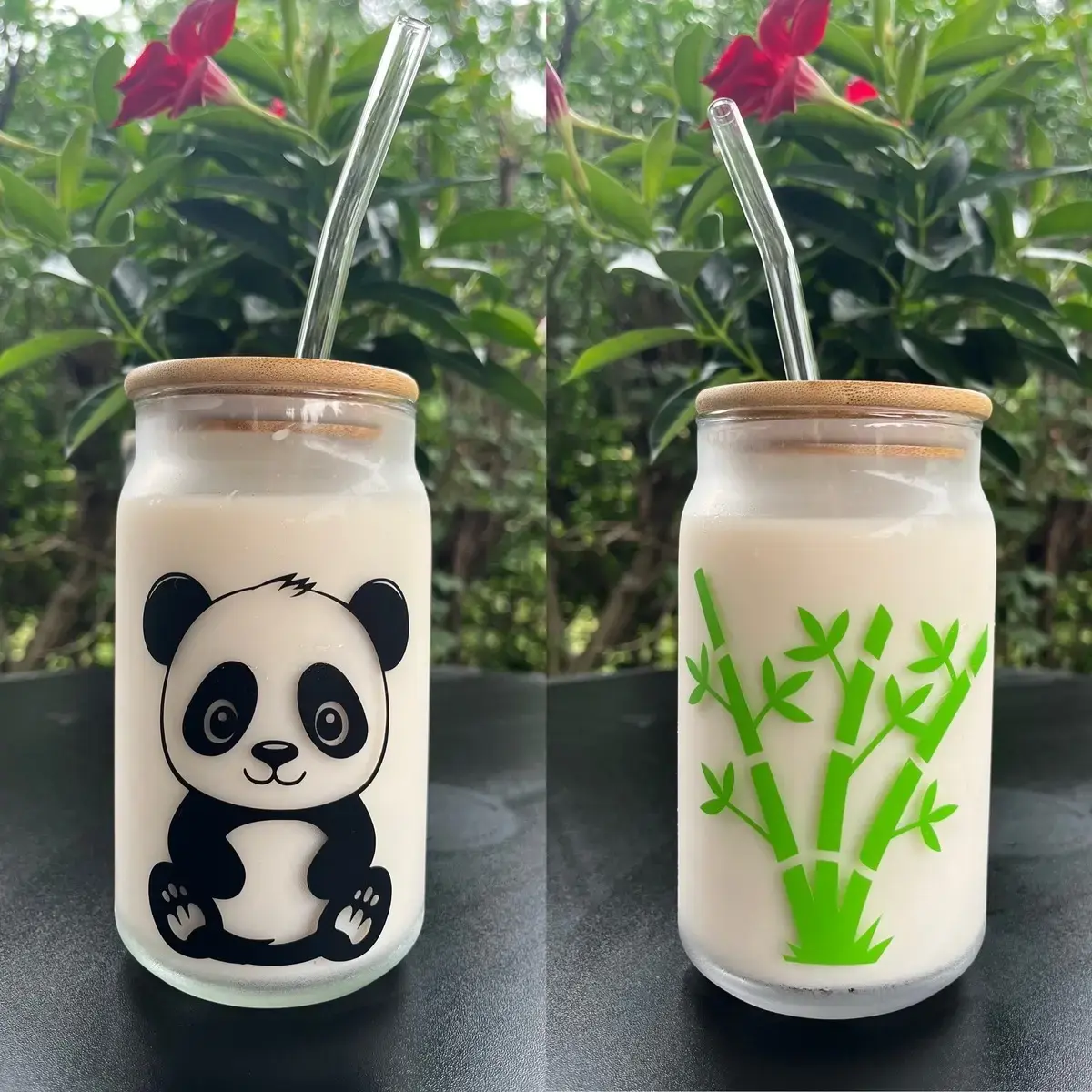 Cute Panda Glass Water Bottle Tumbler - 16oz, 2 Sizes, Stylish Washable, Bamboo Lid, Glass Straw, Reusable Kitchen Drinkware