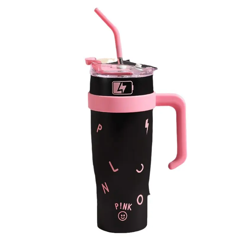 Large-Capacity Insulated Tumbler with Handle and Straw - Portable Kitchen Drinkware Mug for Iced Tea, Coffee