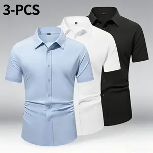 Men’s three-pack casual, business, anelegant short-sleeve shirts in solid colors with turn-down collars; breathable fabric; lightweight button design; suitable for dinners, office work, parties, OL/corporate formal wear. white tee vintage streetwear, Mens