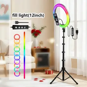 12'' RGB Selfie Ring Light with 63’’ Tripod and Phone Holder, 30 Color LED Light for  Recording, Stepless Dimmable/Speed LED Ring Light for iPhone & Android, Live Streaming,  Shooting, Ambient Lighting#springbreak