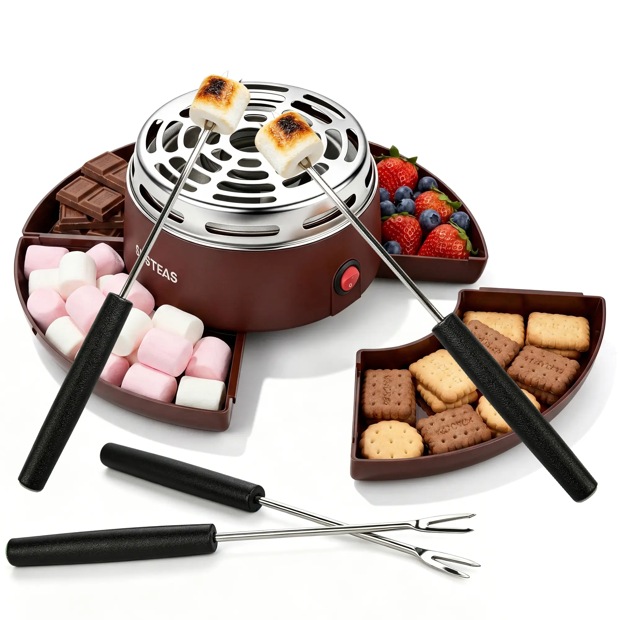 SUSTEAS Indoor Flameless Electric S'mores Maker - 4 Trays, 4 Forks, Chocolate Fondue Pot for Parties, Gift-Giving