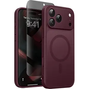 Magnetic for iPhone 17 Pro Max Case with Privacy Screen Protector, Compatible with MagSafe,[Full Camera Protection] Military Grade Matte Translucent iPhone 17 ProMax Phone Cover,Wine Red