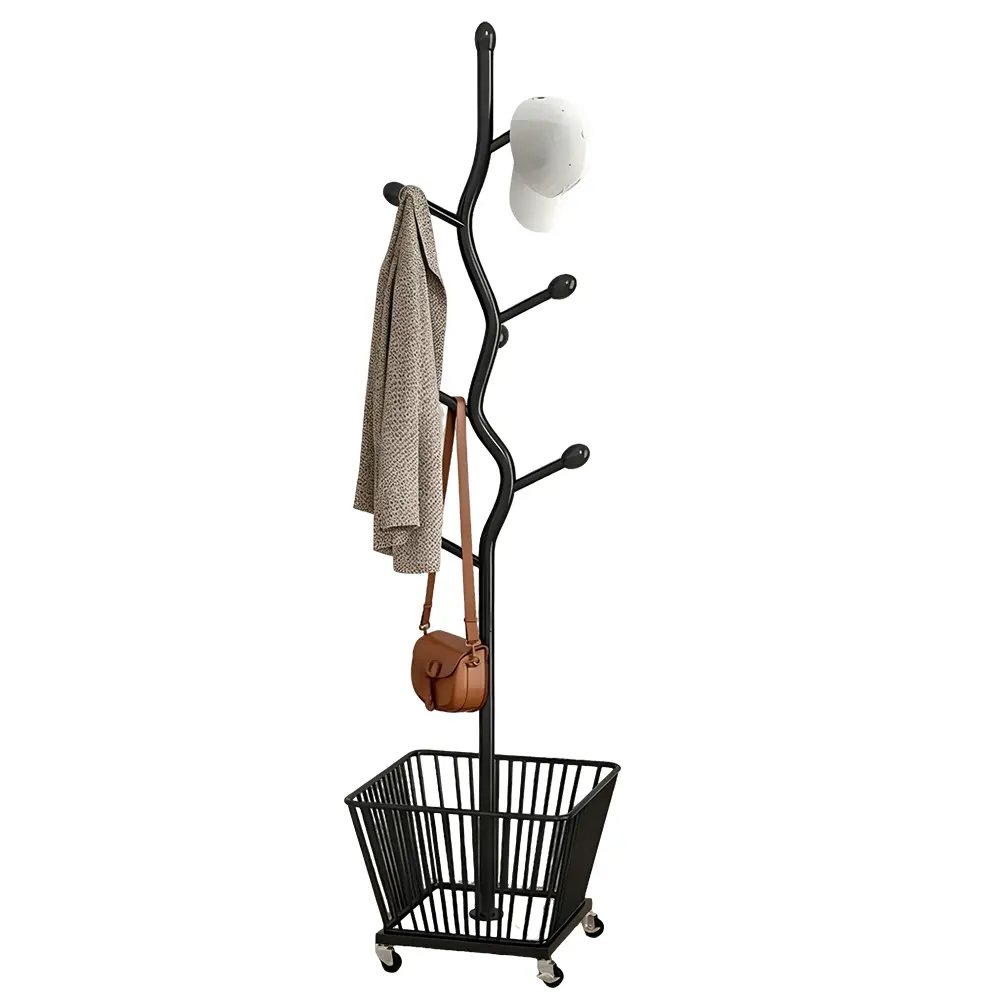 Heavy-Duty Floor-Standing Clothing Rack with Multiple Hanging Points, Sturdy Freestanding Organizer, Removable Laundry Basket, 360° Smooth Rolling Wheels, Antislip Hangers, Large Base for Hat-Bag-Tie Storage, Space-Saving Home Laundry Solution