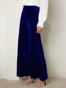 Women's Solid Color Velvet High Waist Flowy Wide Leg Pants, Elastic Waist Commuter Style, Comfortable and Stylish Long Trousers